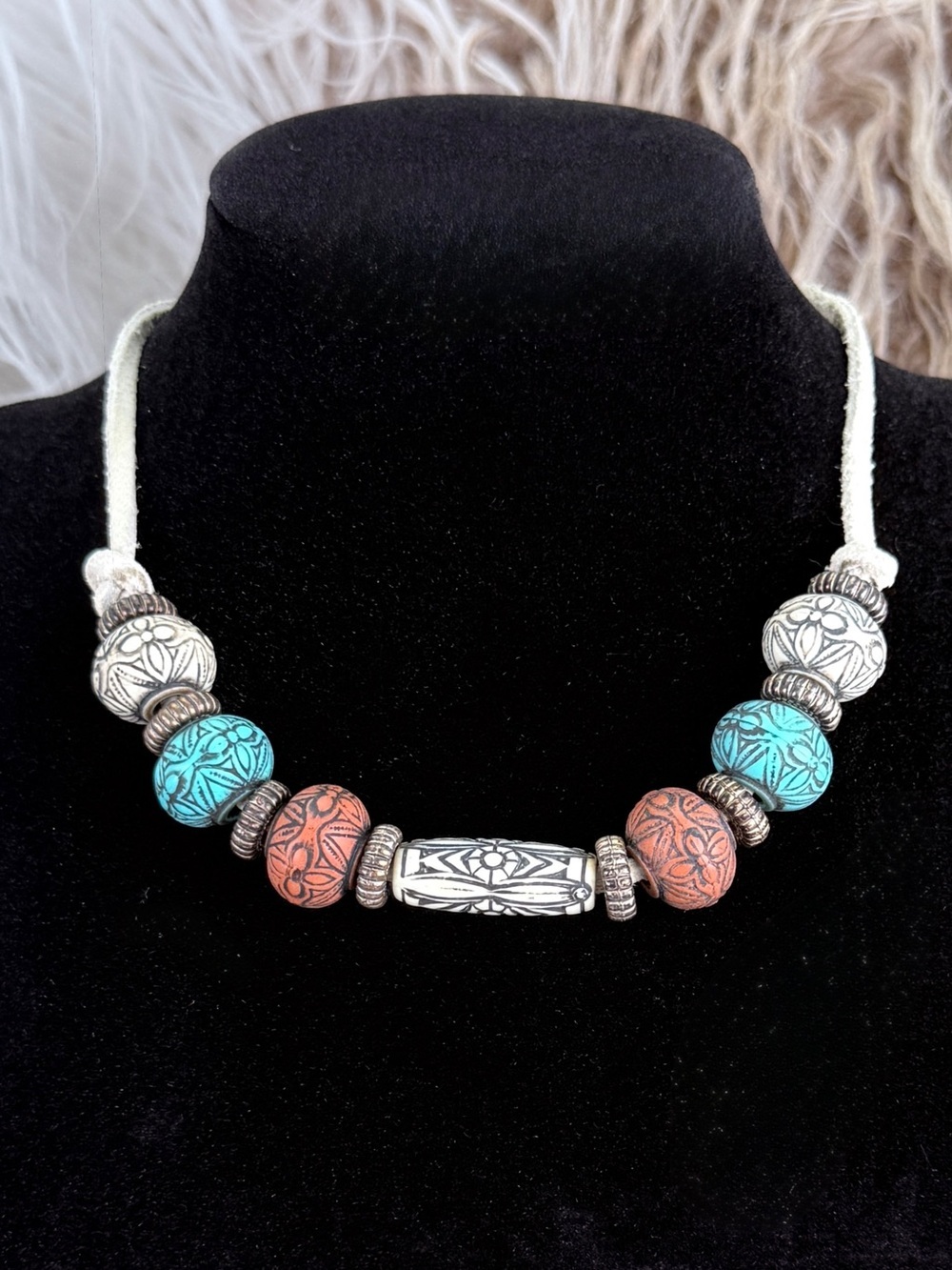 Vintage Tribal Boho Adjustable Cord Necklace Etched Beads Southwest Style